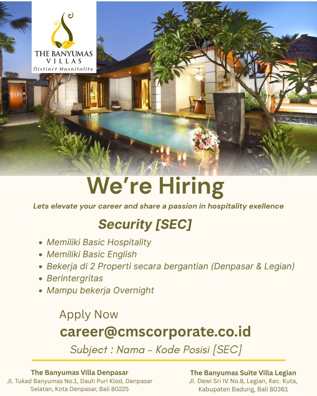 Lowongan Pekerjaan Security - The Banyumas Villas (Denpasar & Legian)