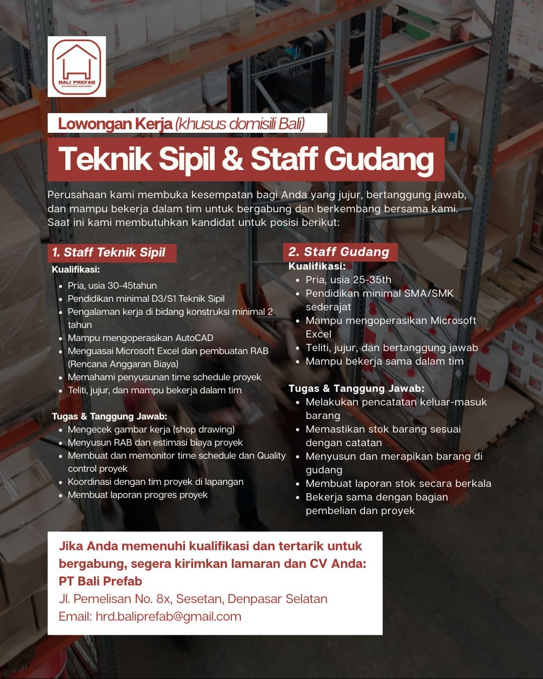 Lowongan Pekerjaan Teknik Sipil & Staff Gudang di Bali Prefab Denpasar