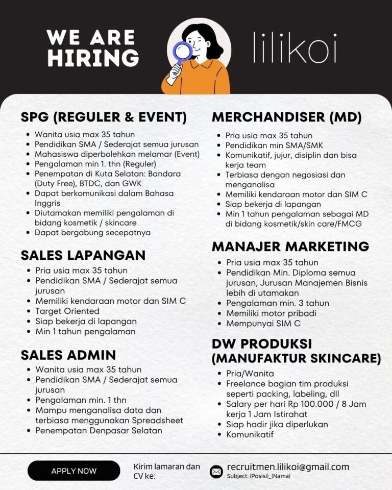 Lowongan SPG, Sales, Admin, & Produksi Lilikoi Bali