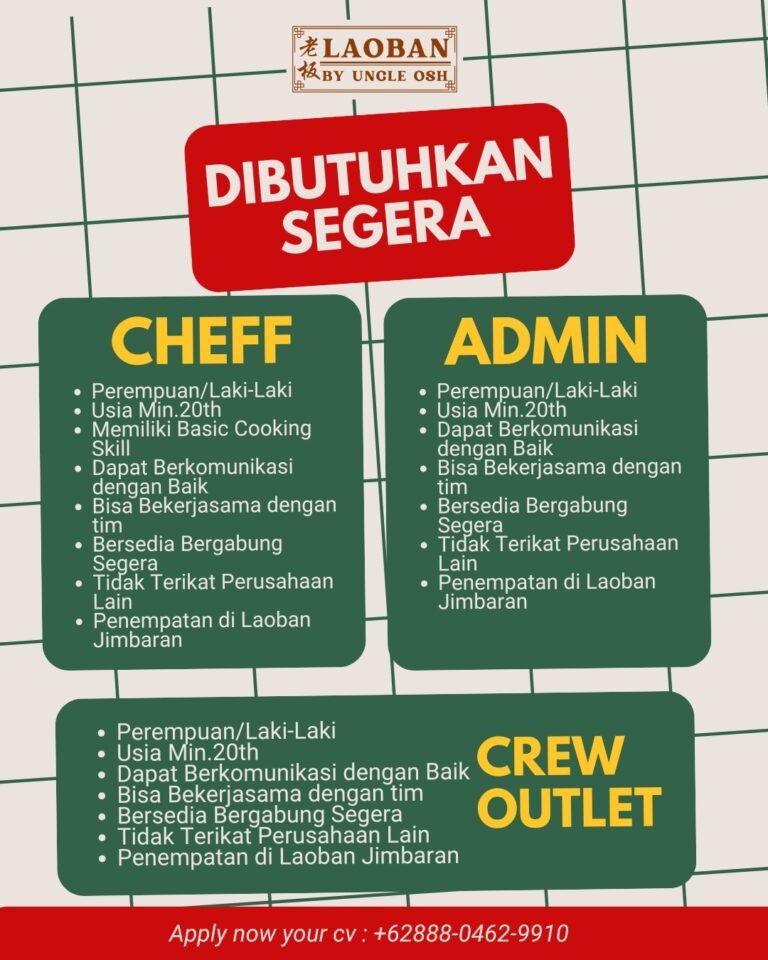 Lowongan Pekerjaan Cheff, Admin, & Crew Outlet di Laoban Jimbaran