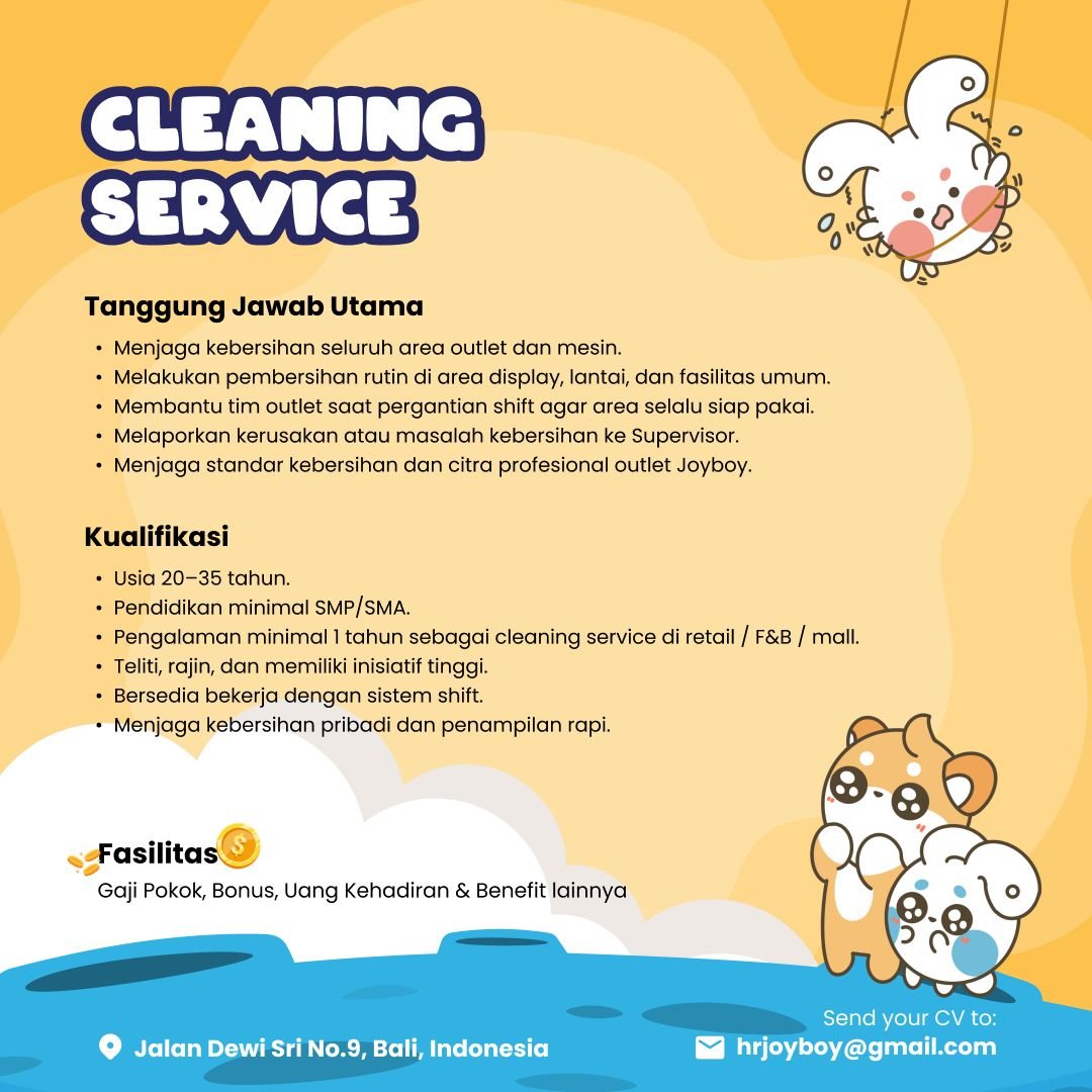 Lowongan Stocker, Sales Assistant, & Cleaning Service Joyboy Bali