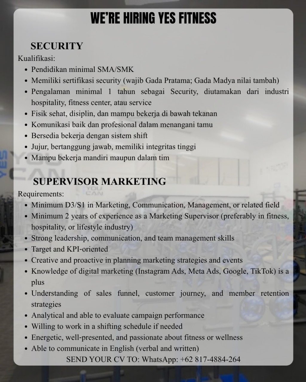 Lowongan Security & Supervisor Marketing YES FITNESS
