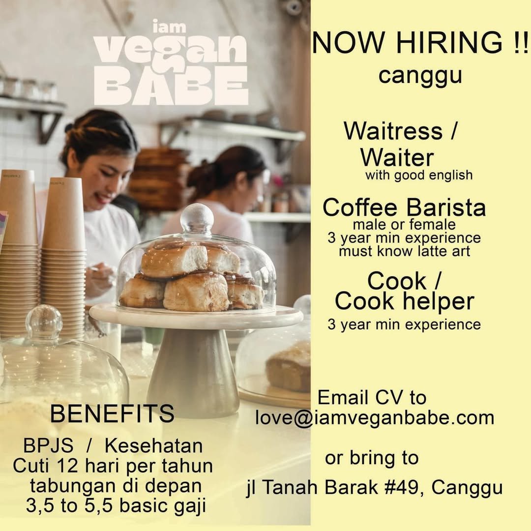 Lowongan Waitress, Barista, & Cook I Am Vegan Babe Canggu