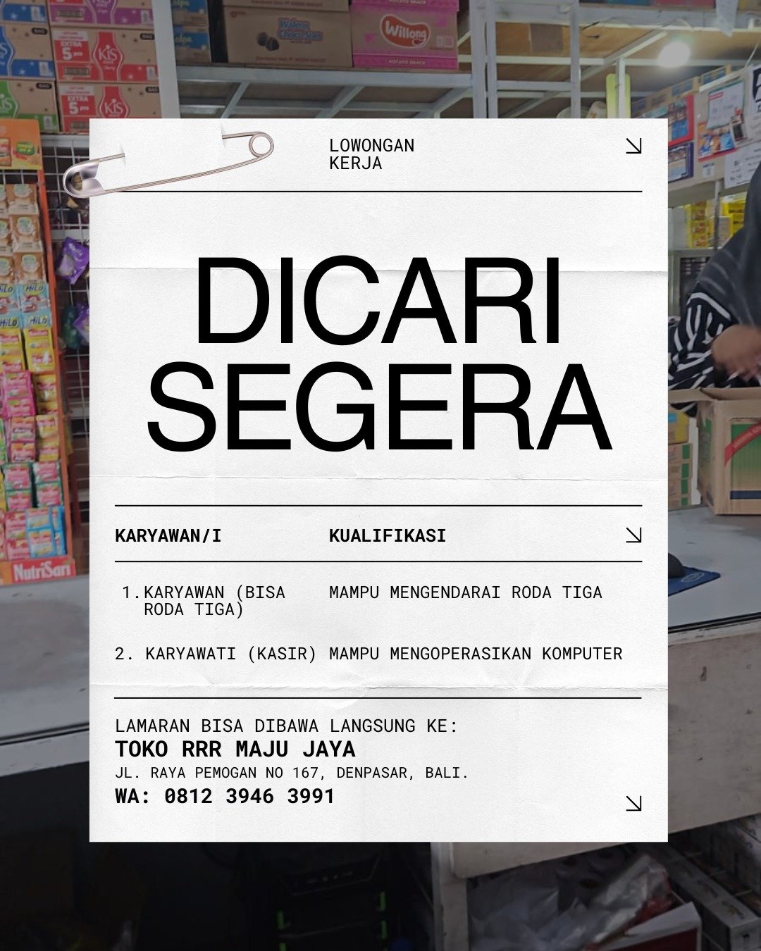Lowongan Karyawan & Karyawati Toko RRR Maju Jaya Pemogan