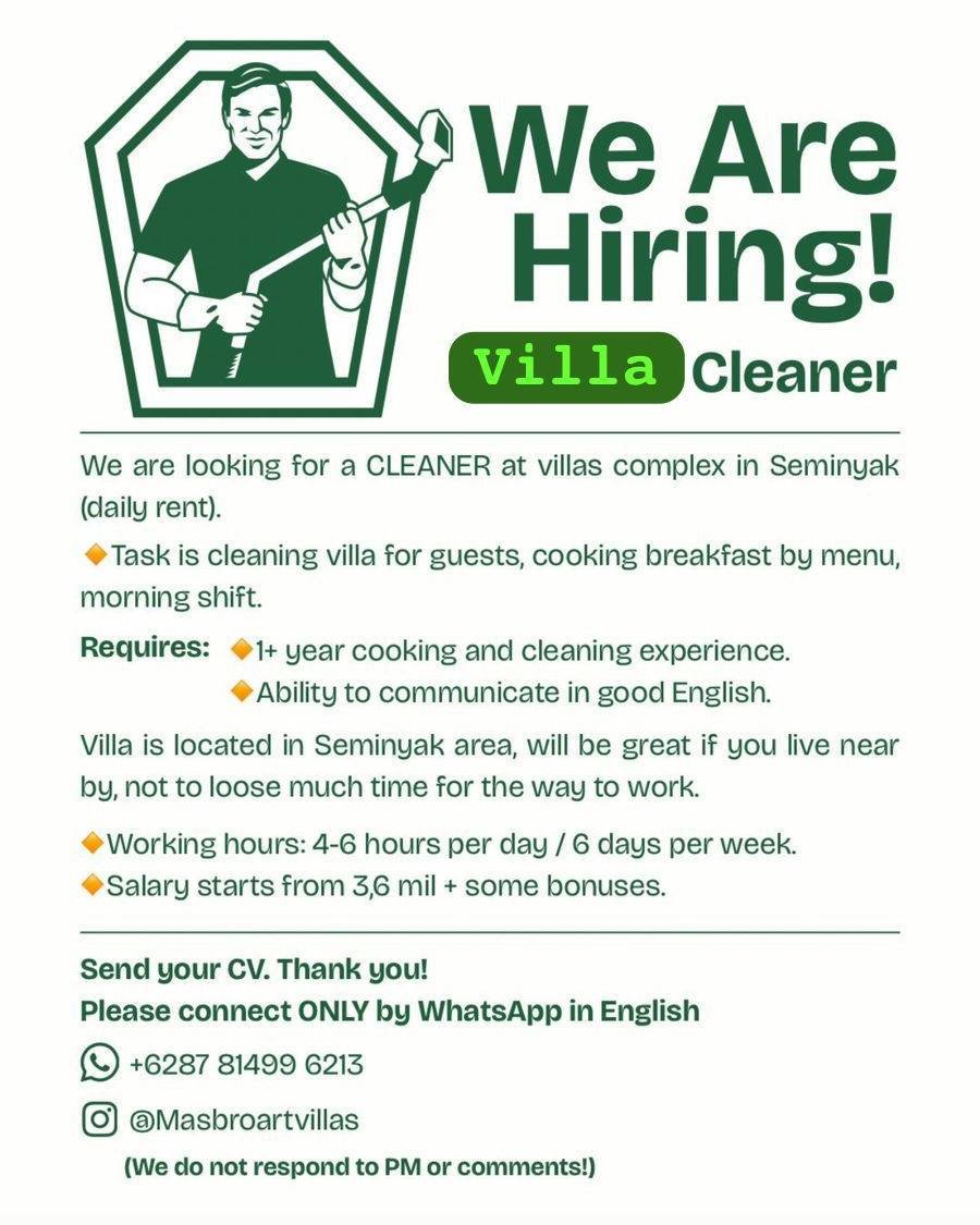 Lowongan Villa Cleaner Seminyak