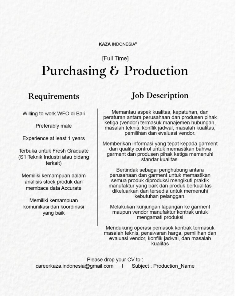 Lowongan Purchasing & Production KAZA INDONESIA Bali