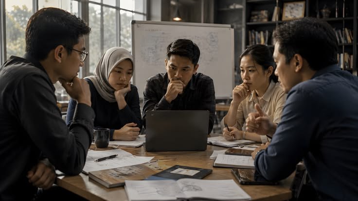 Karyawan melaporkan perkembangan pekerjaan kepada atasan dalam diskusi di kantor