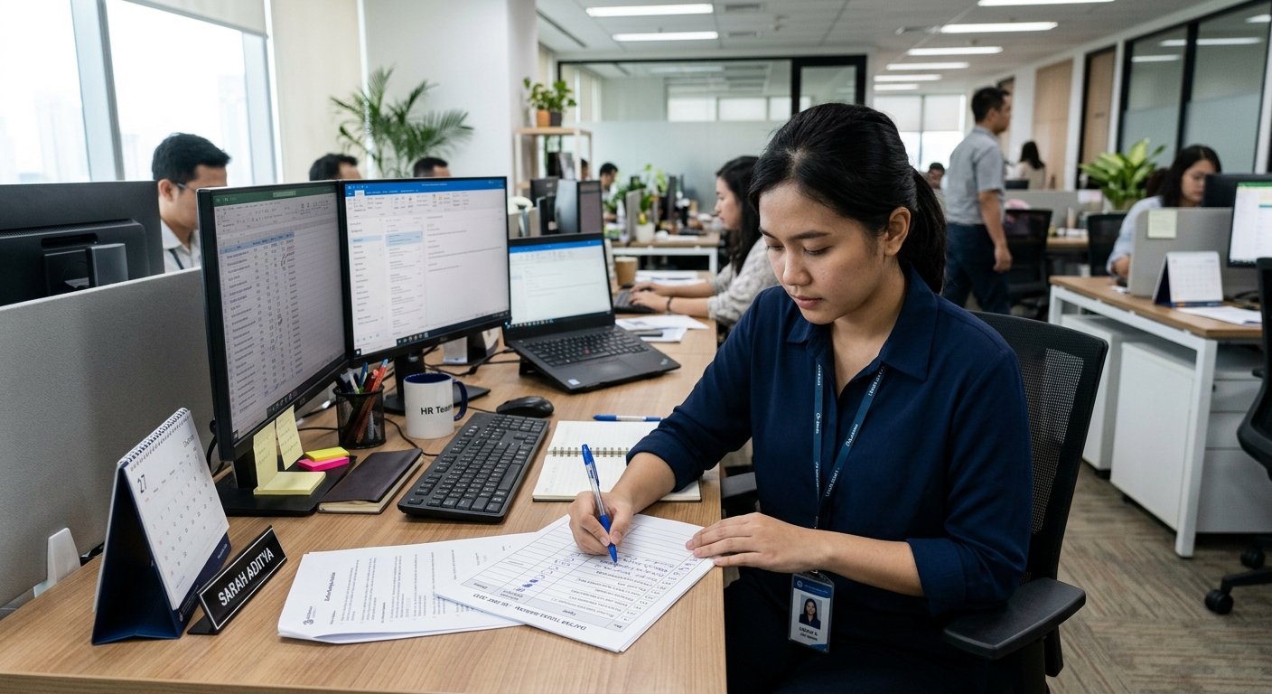 Karyawan menyusun prioritas tugas kantor menggunakan daftar pekerjaan