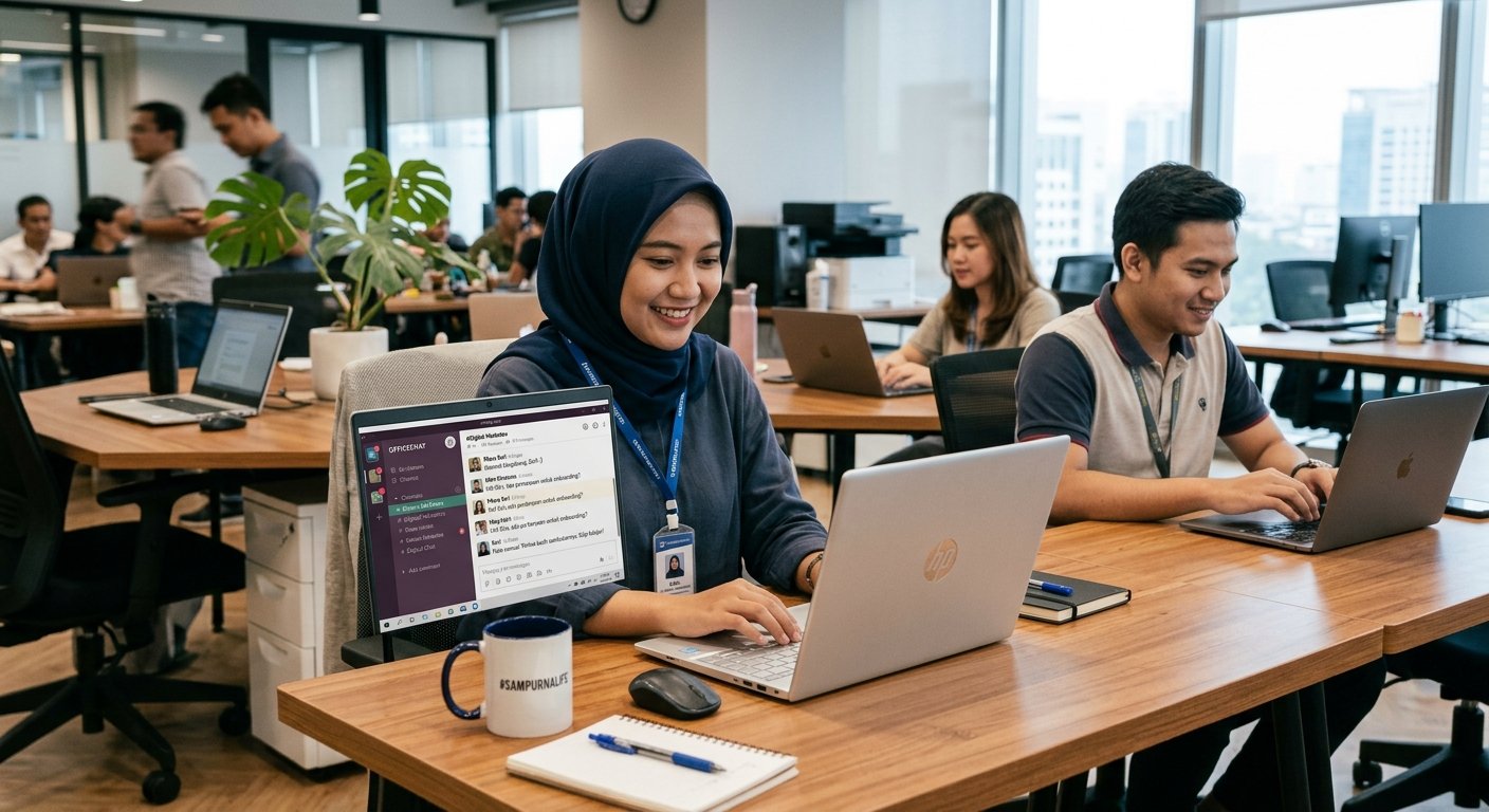 Karyawan baru berkomunikasi dengan rekan kerja melalui aplikasi chat kantor di laptop.