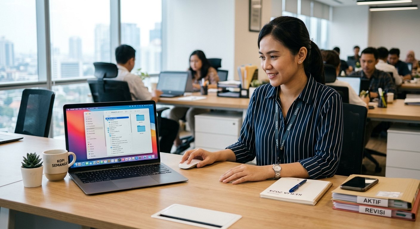 Karyawan mengelola file dan dokumen kerja di laptop agar tersusun rapi.