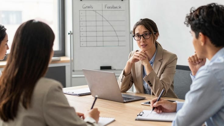 Utama Karyawan baru berdiskusi dan meminta feedback hasil kerja dengan atasan di kantor