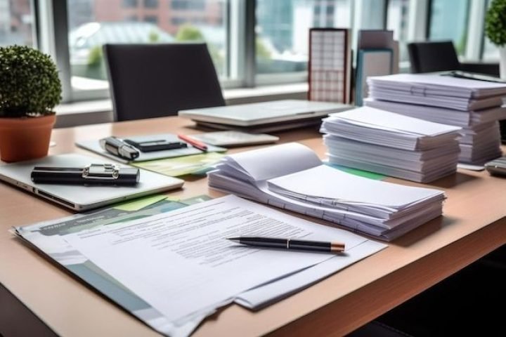 Buku catatan kerja dan pena di atas meja kantor siap untuk mencatat prioritas tugas harian