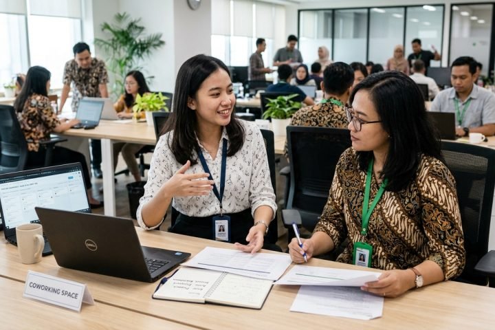 Karyawan baru berdiskusi dengan rekan dari divisi lain untuk mengoordinasikan pekerjaan