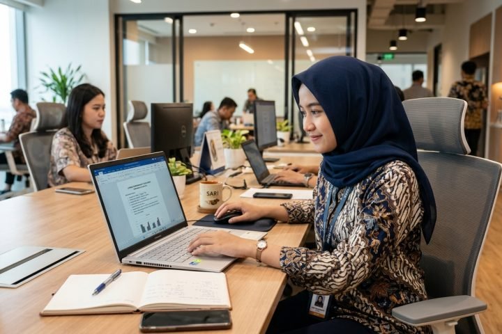 Karyawan baru menyusun laporan perkembangan tugas harian di laptop untuk diberikan kepada atasan