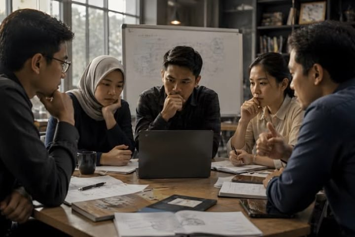 Karyawan melaporkan perkembangan pekerjaan kepada atasan dalam diskusi di kantor