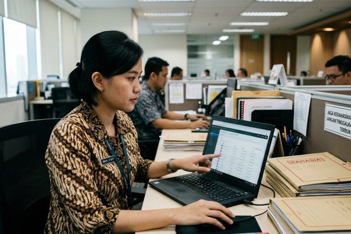 Karyawan memeriksa izin akses dan menjaga kerahasiaan dokumen kantor melalui laptop