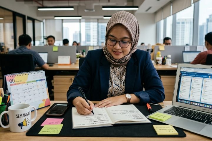 Karyawan menyusun jadwal dan prioritas kerja harian di meja kantor