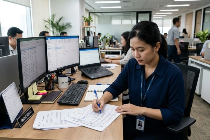Karyawan menyusun prioritas tugas kantor menggunakan daftar pekerjaan