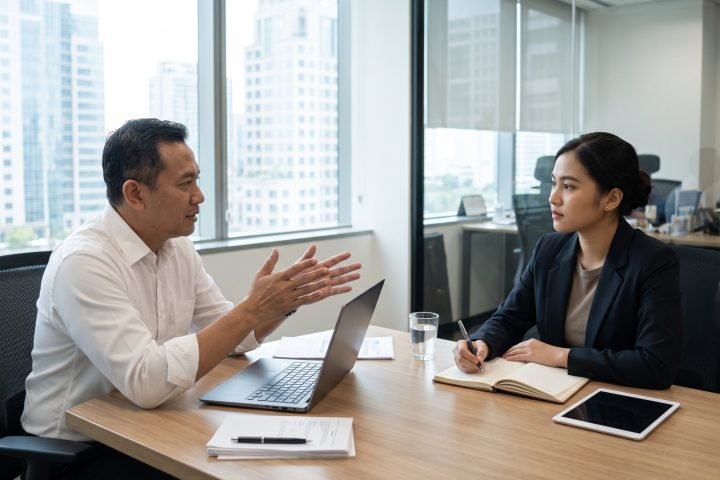 Karyawan sedang berdiskusi secara profesional bersama atasan dalam ruangan rapat kantor