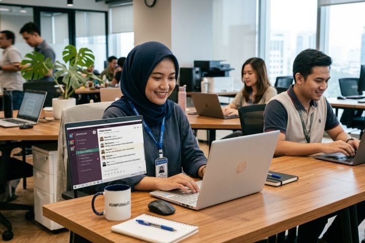 Karyawan baru berkomunikasi dengan rekan kerja melalui aplikasi chat kantor di laptop.