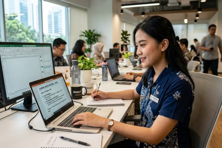 Karyawan baru mencatat hasil pekerjaan dan perkembangan keterampilan dalam jurnal kerja digital