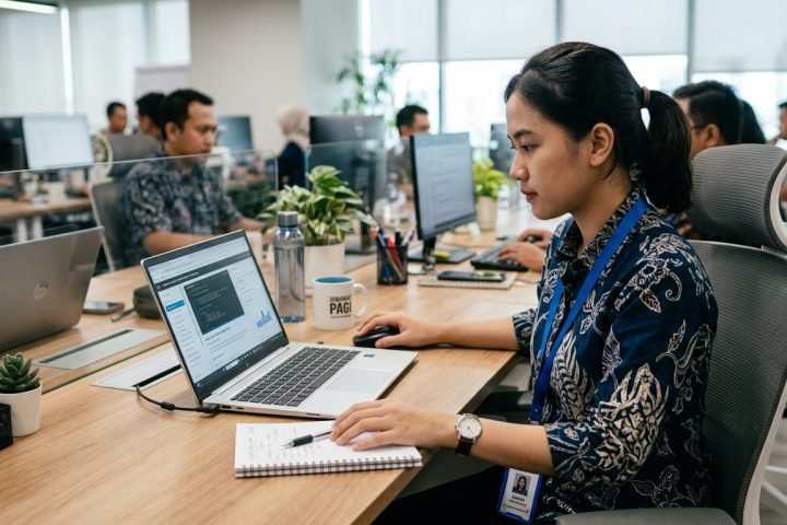 Karyawan baru fokus mengembangkan keterampilan saat bekerja di depan laptop