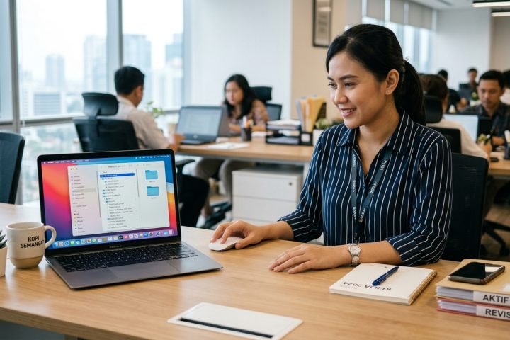 Karyawan mengelola file dan dokumen kerja di laptop agar tersusun rapi.