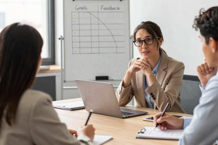 Utama Karyawan baru berdiskusi dan meminta feedback hasil kerja dengan atasan di kantor